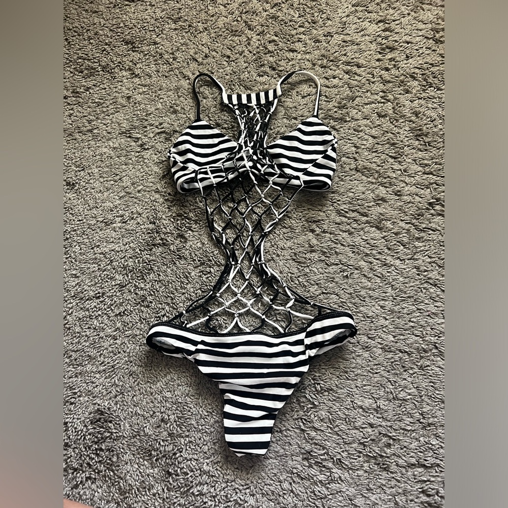 MIKOH Swimwear Xavier Crochet Back One Piece in Black/White Stripe - Picture 3 of 9